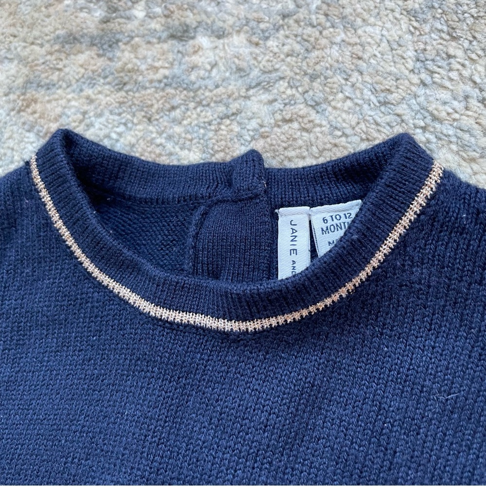 JANIE AND JACK Baby Navy Cotton Blend Gold Trim Green Tartan Dress - Picture 3 of 7